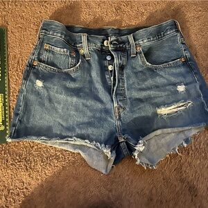 Levi’s denim cutoff shorts, blue button up